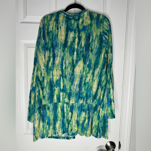 LOGO LORI GOLDSTEIN Blue Green Watercolor Mother Of Pearl Button Up Cardigan 1X - Picture 3 of 5